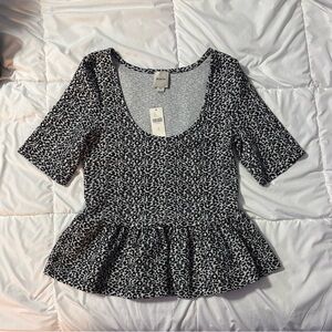 Anthropologie. NWT, Maeve Black and White Leopard Print Peplum Blouse